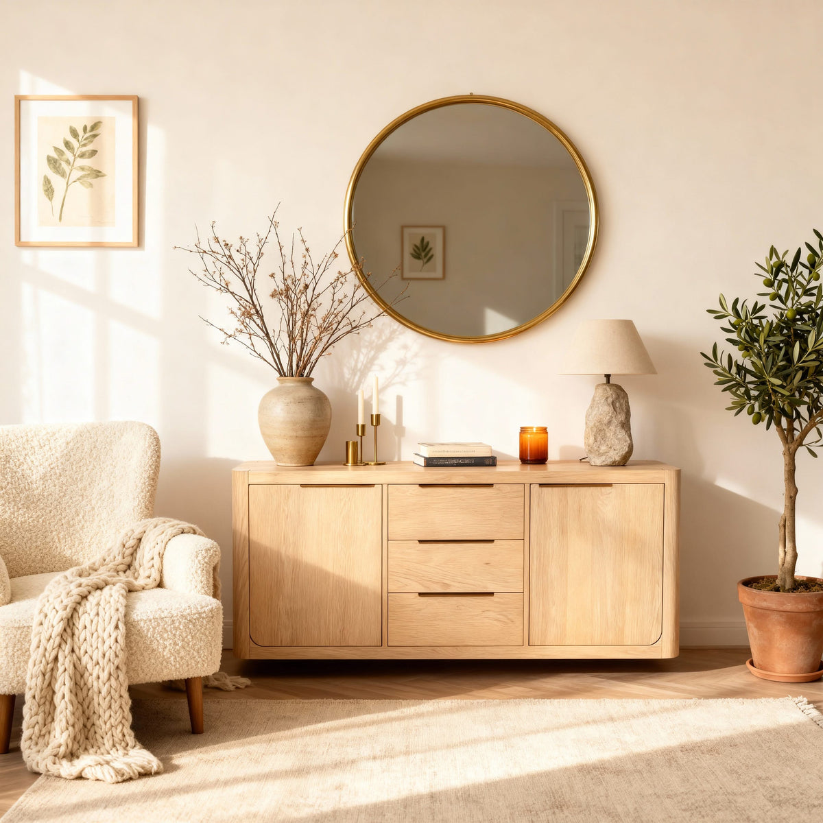 Living room with wooden sideboard, round mirror, and decorative items.


