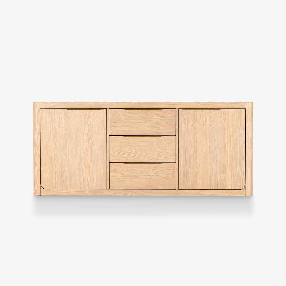 Wooden cabinet with two doors and two drawers on a white background

