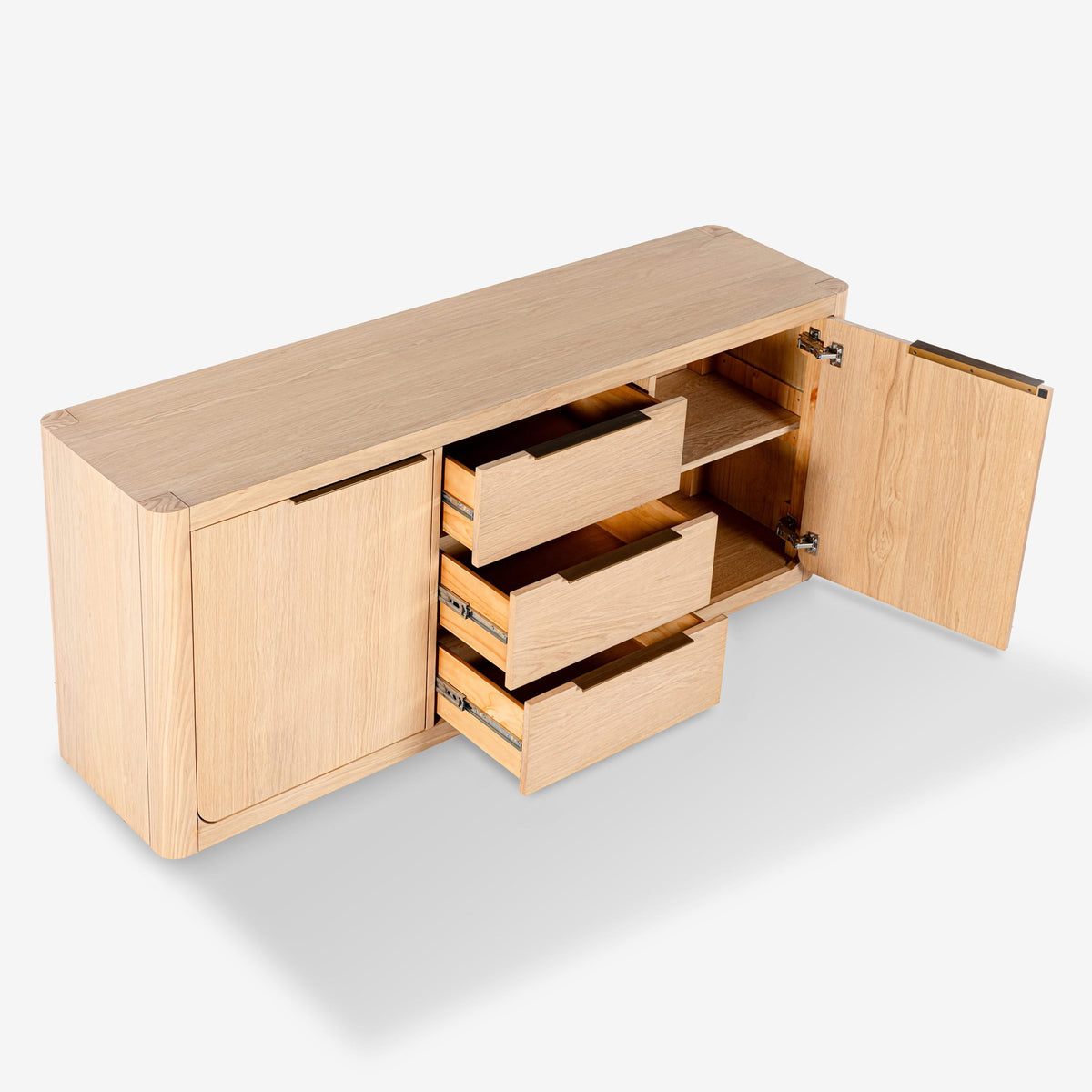 Wooden sideboard with open doors and drawers on a white background

