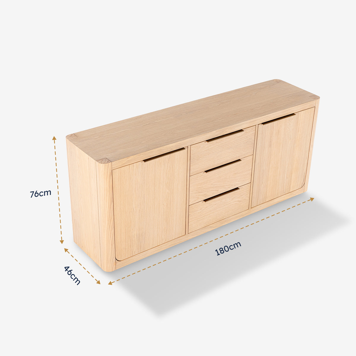 Wooden sideboard with dimensions labeled on a white background


