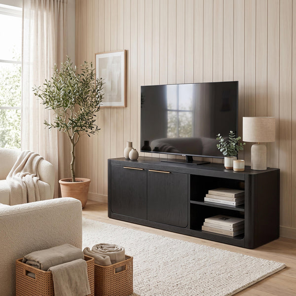 Liverpool Pine 2 Door TV Unit 140cm - Black below a wall mounted television on a panelled wall