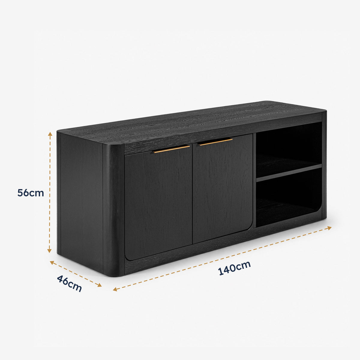 Liverpool Pine 2 Door TV Unit 140cm - Black — dimension