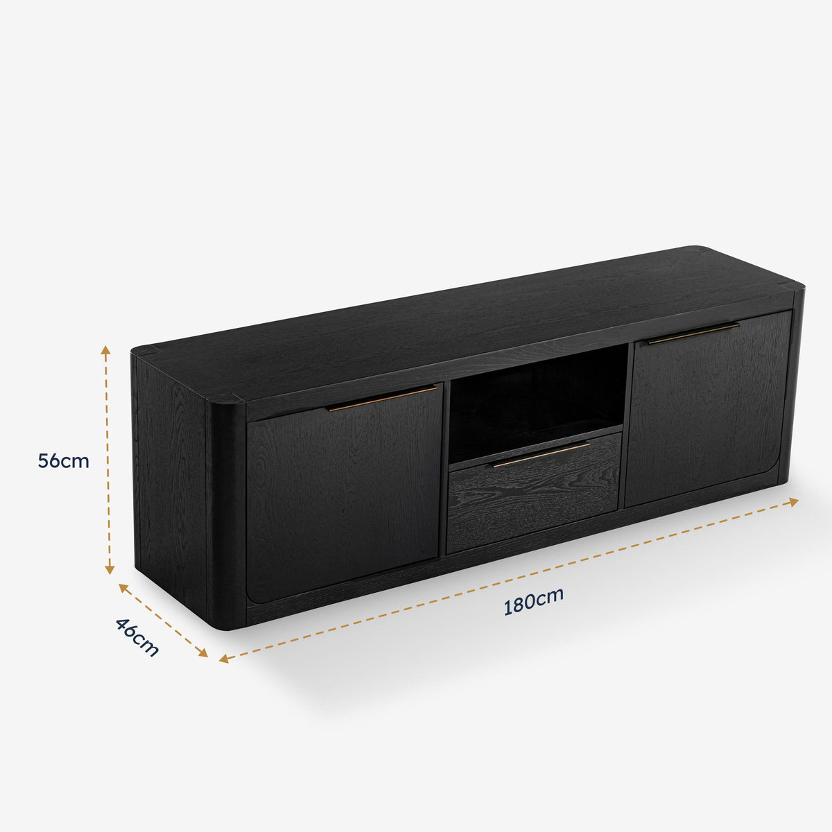 Black TV stand with dimensions indicated on a white background

