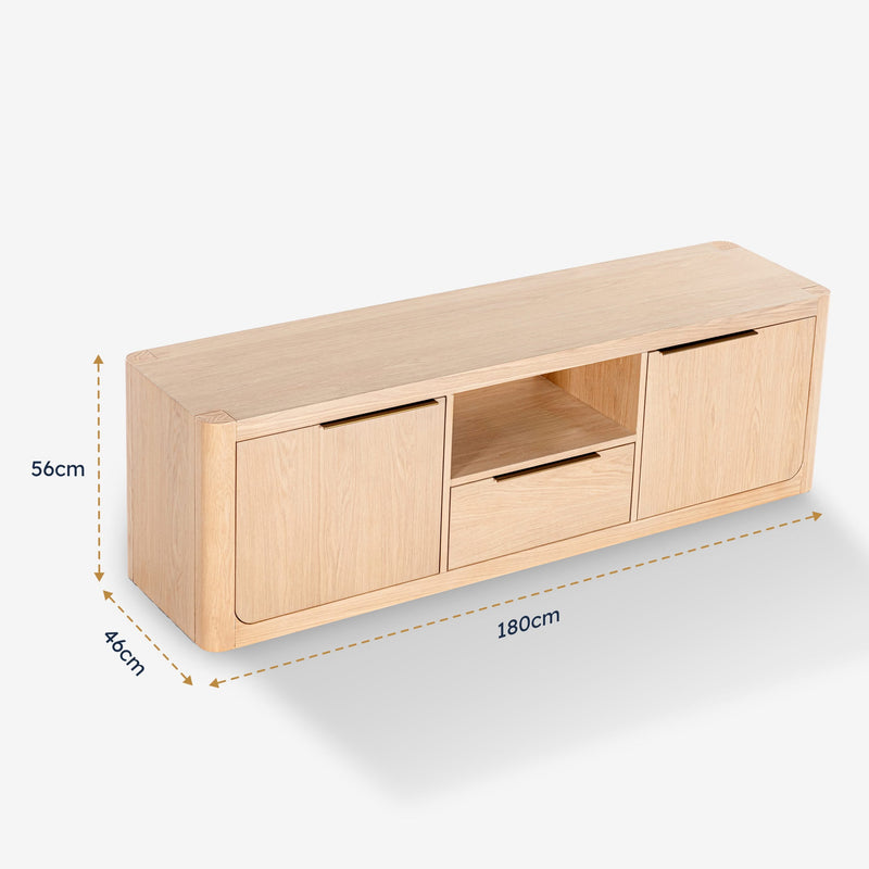 Wooden TV stand with dimensions labeled on a white background

