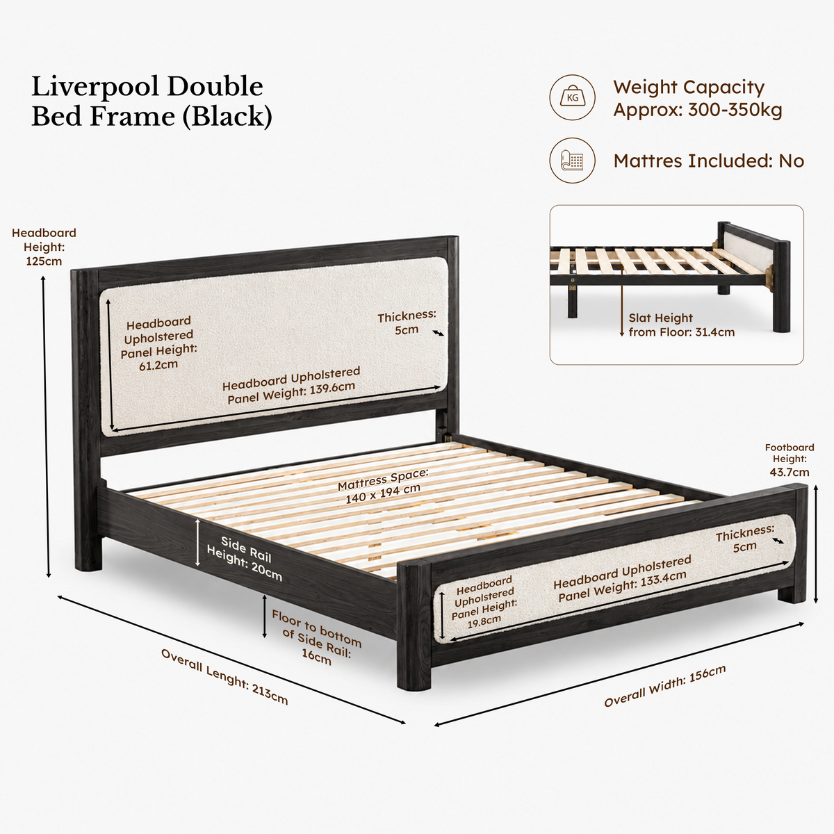 Liverpool Pine 3-Piece Bedroom Set – Double Bed, Bedside & Tallboy – Black — bed frame — dimensions 4