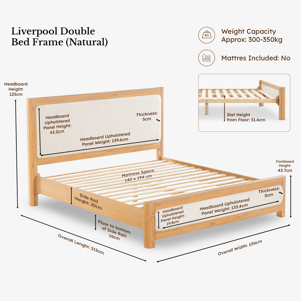 Liverpool Pine 3-Piece Bedroom Set – Double Bed & 2 Bedside Tables – Natural — bed frame — dimensions 4