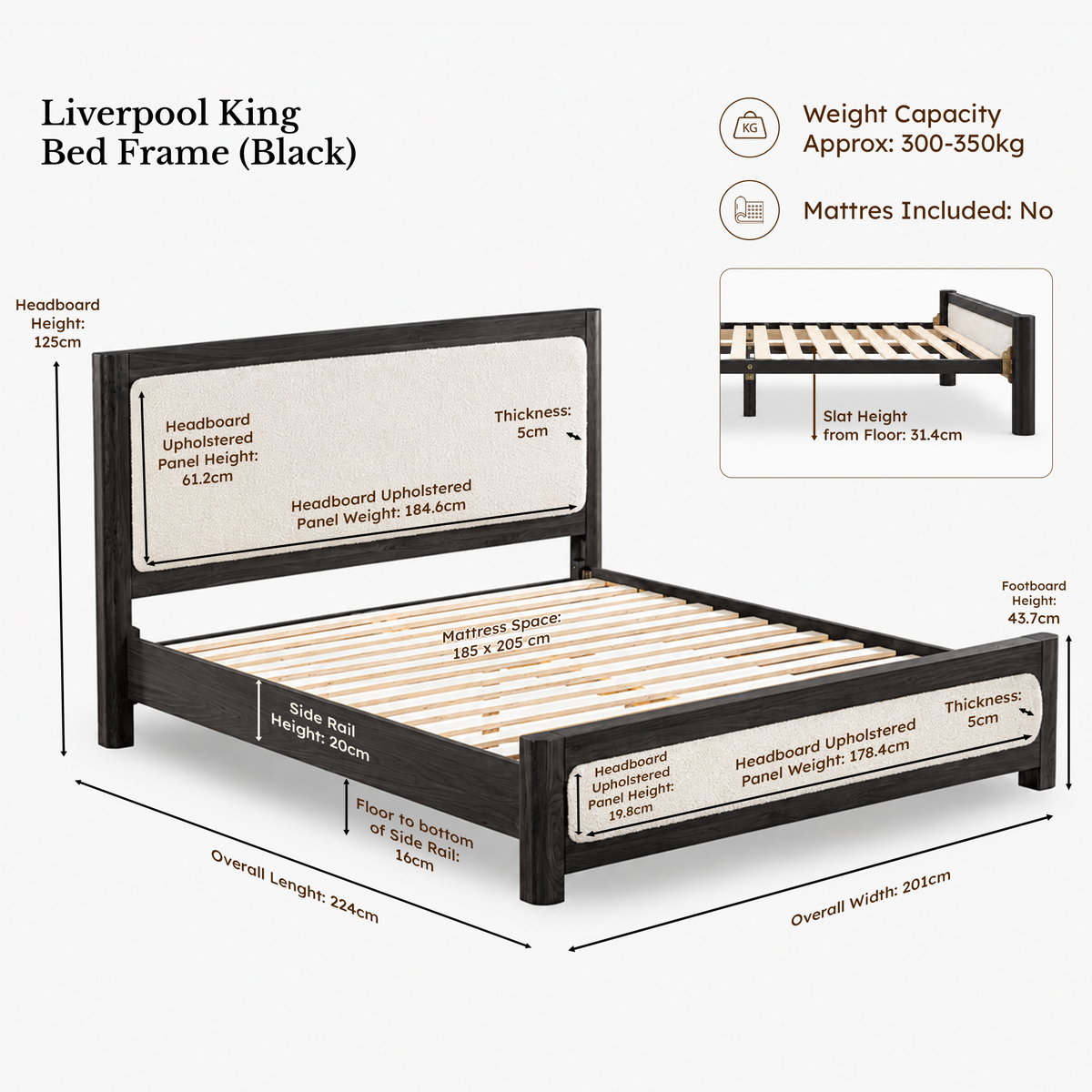 Liverpool Pine 3-Piece Bedroom Set – King Bed, Bedside & Tallboy – Black — bed frame — dimensions 4
