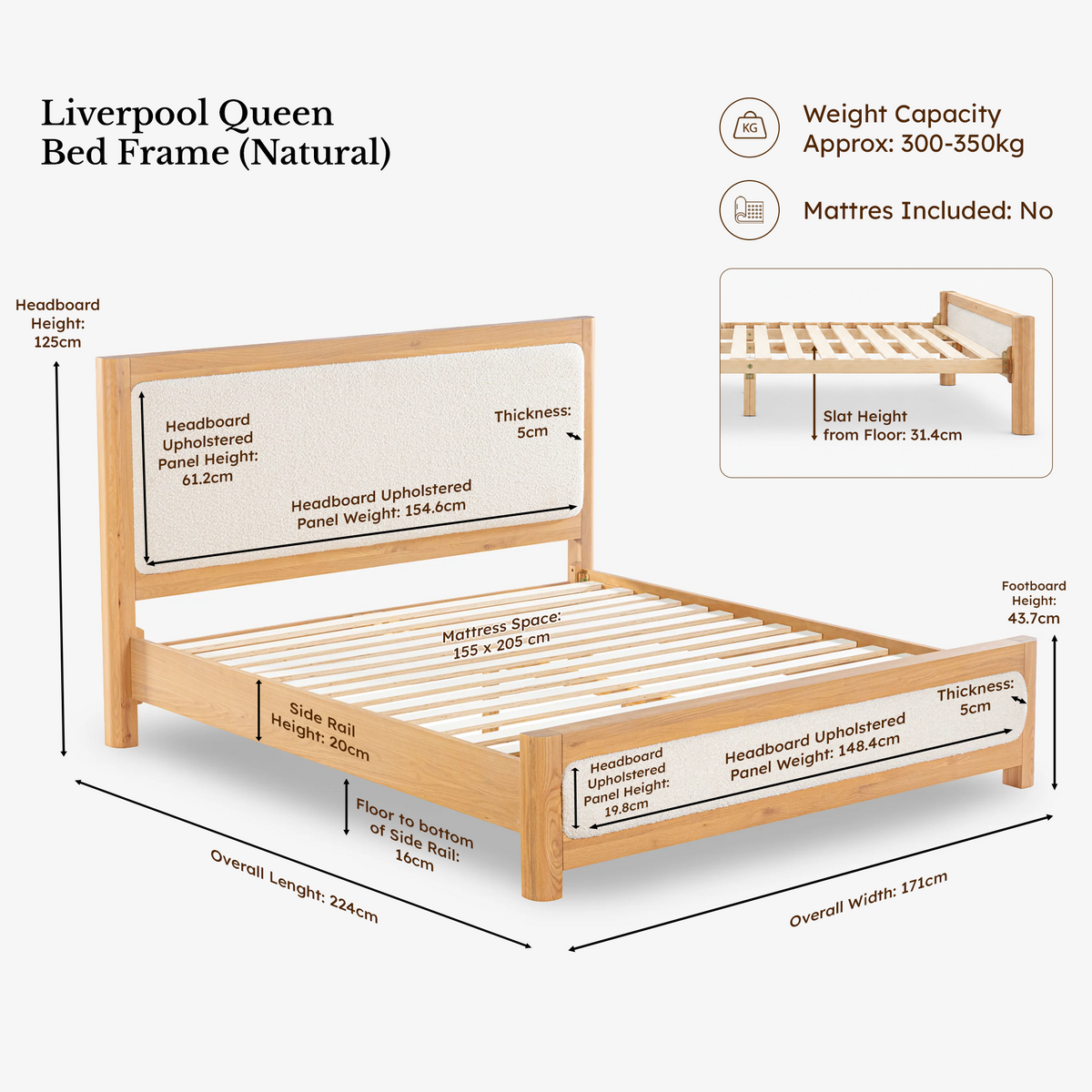 Liverpool Pine 3-Piece Bedroom Set – Queen Bed & 2 Bedside Tables – Natural — bed frame — dimensions 4