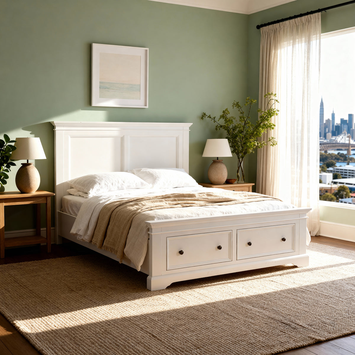 London Pine Double Bed Frame with 2 Drawers made up in caramel linen against a sage green wall
