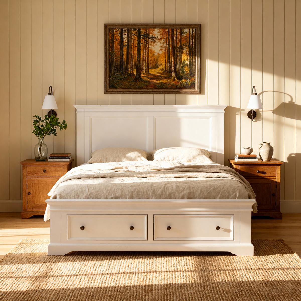 London Pine Bed Frame with 2 Drawers made up in cream linen below an autumn forest painting, between two wall sconces