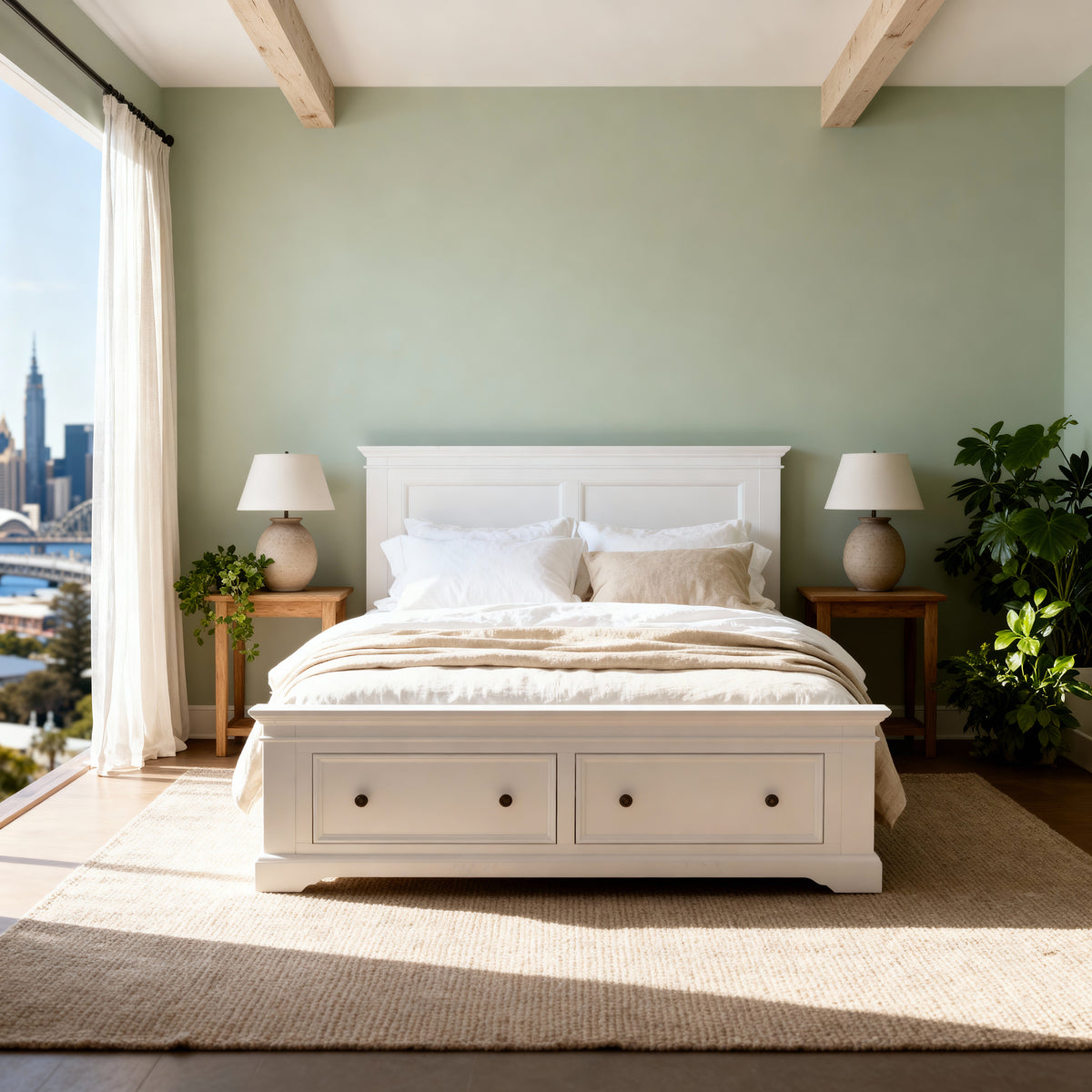 London Pine Double Bed Frame with 2 Drawers made up in cream linen against a sage green wall under exposed beams