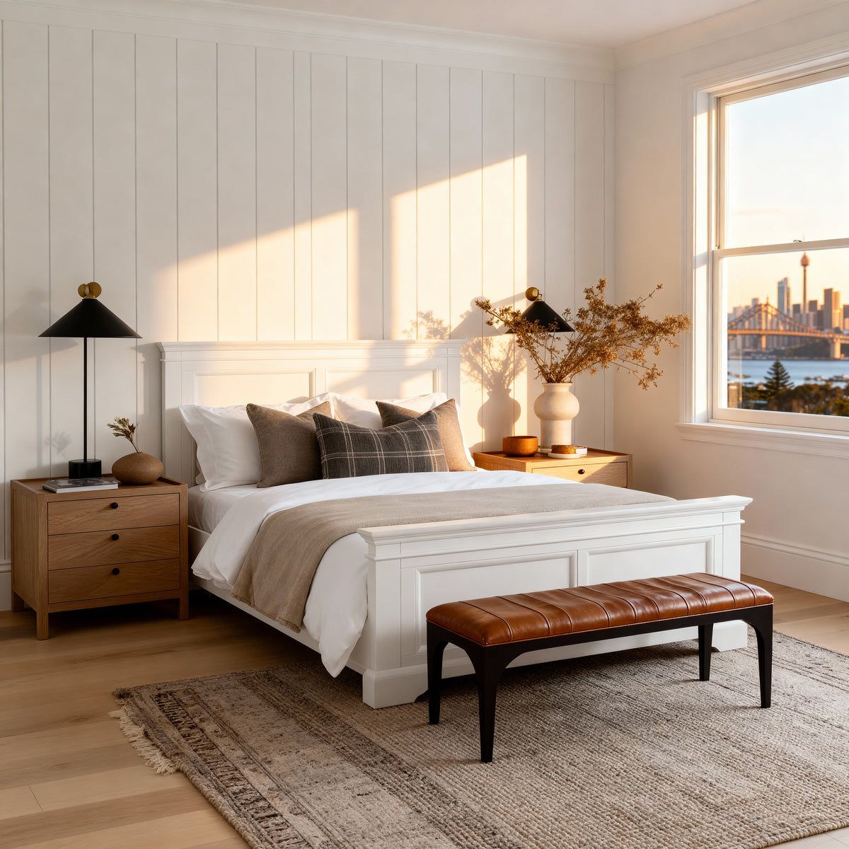 London Pine Bed Frame made up in white linen with a tan leather bench at its foot, by a window at sunset