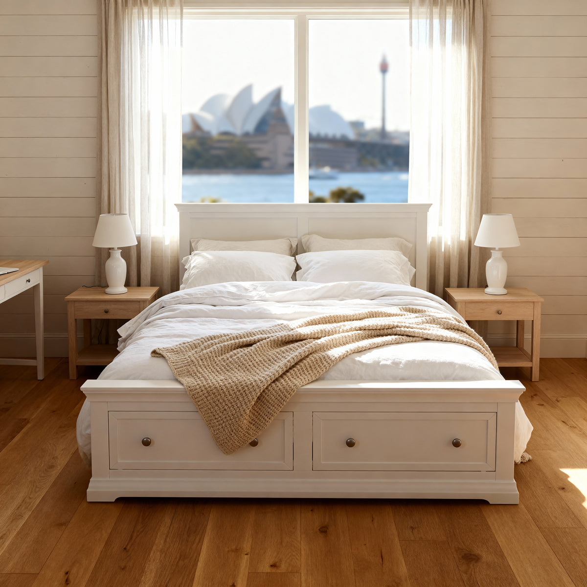 Bedroom with a large window showing the Sydney Opera House, wooden floor, and white bed.

