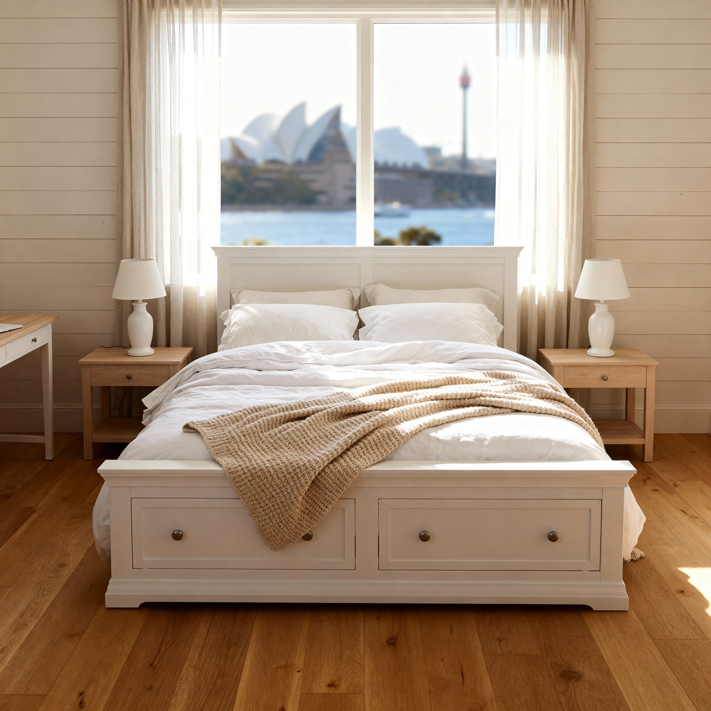Bedroom with a large window showing the Sydney Opera House, wooden floor, and white bed.

