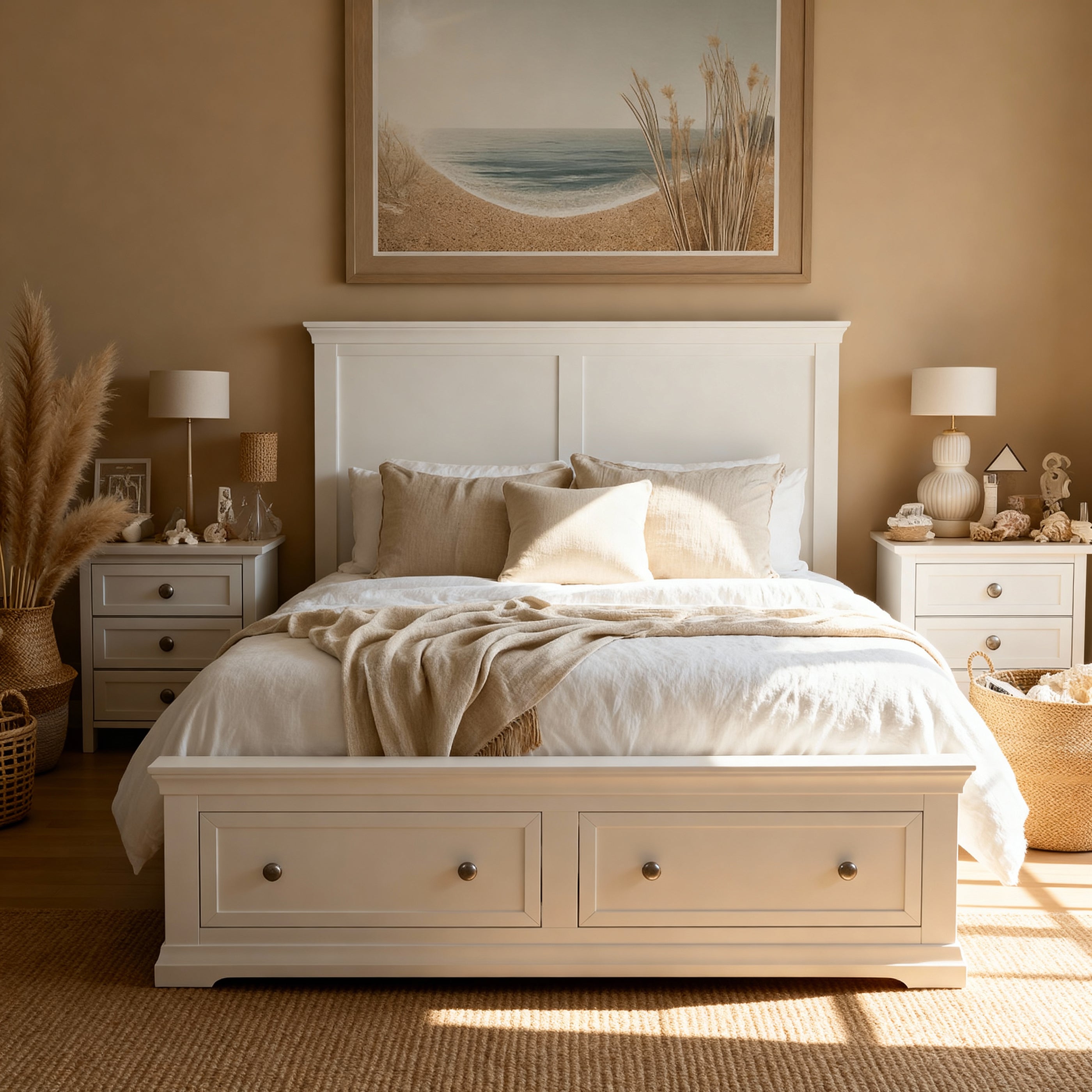 Neatly made bed in a bedroom with decorative elements and artwork on the wall.

