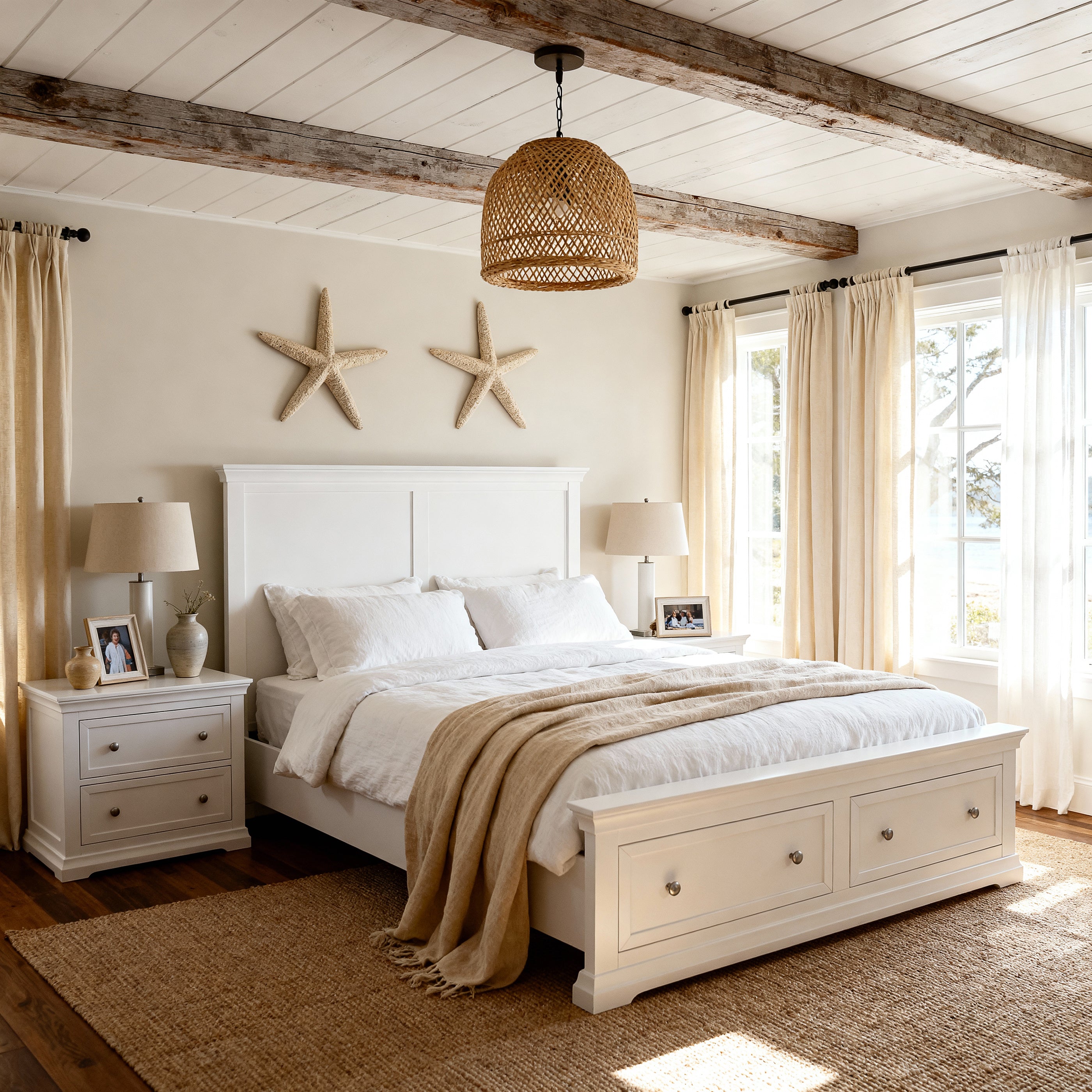 Cozy bedroom with wooden beams, starfish decor, and a large bed.

