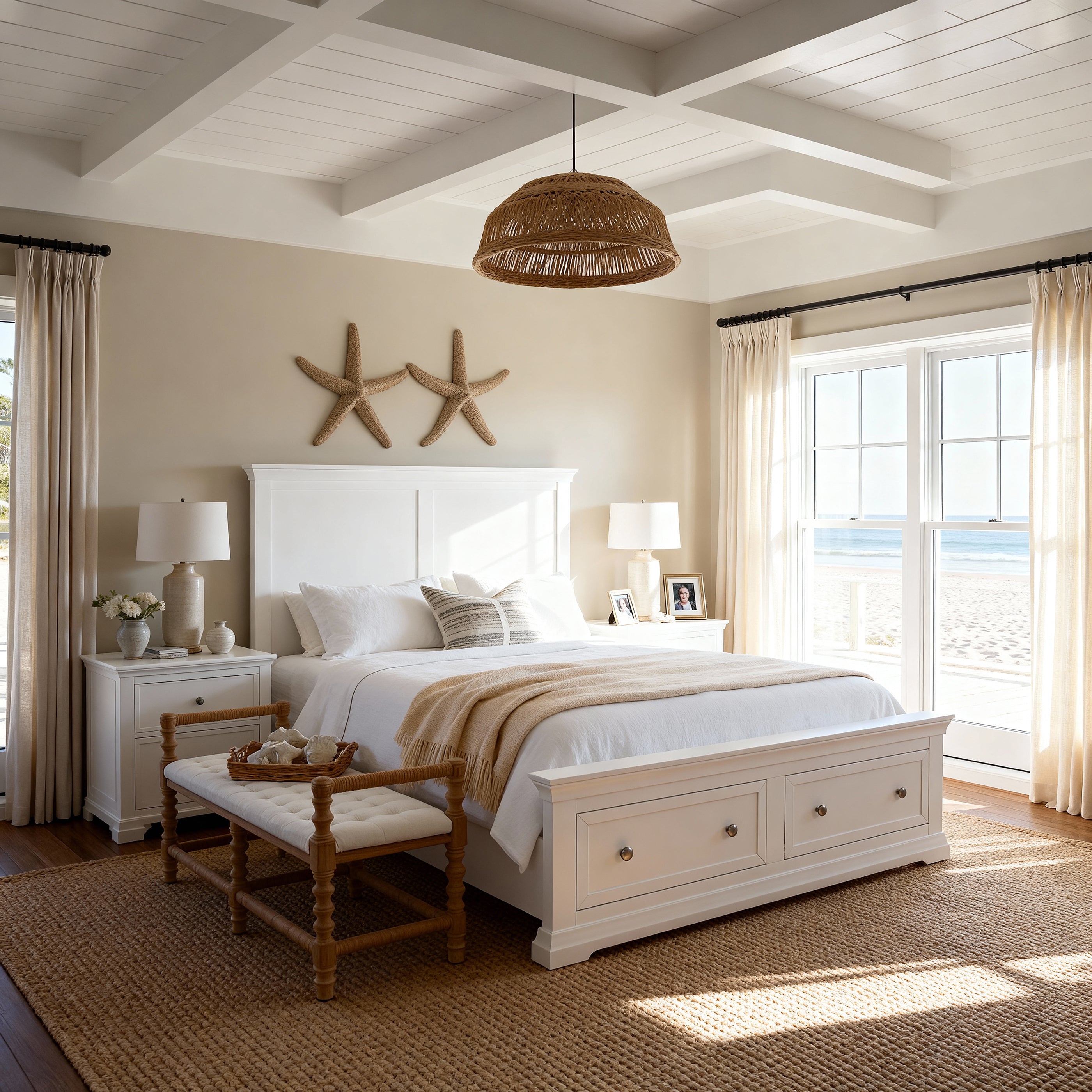 Cozy bedroom with white bed, starfish decor, and large windows.

