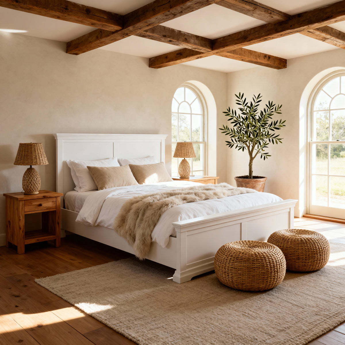 Manchester Pine King Bed Frame made up in white linen under exposed timber beams, between arched windows and rattan poufs