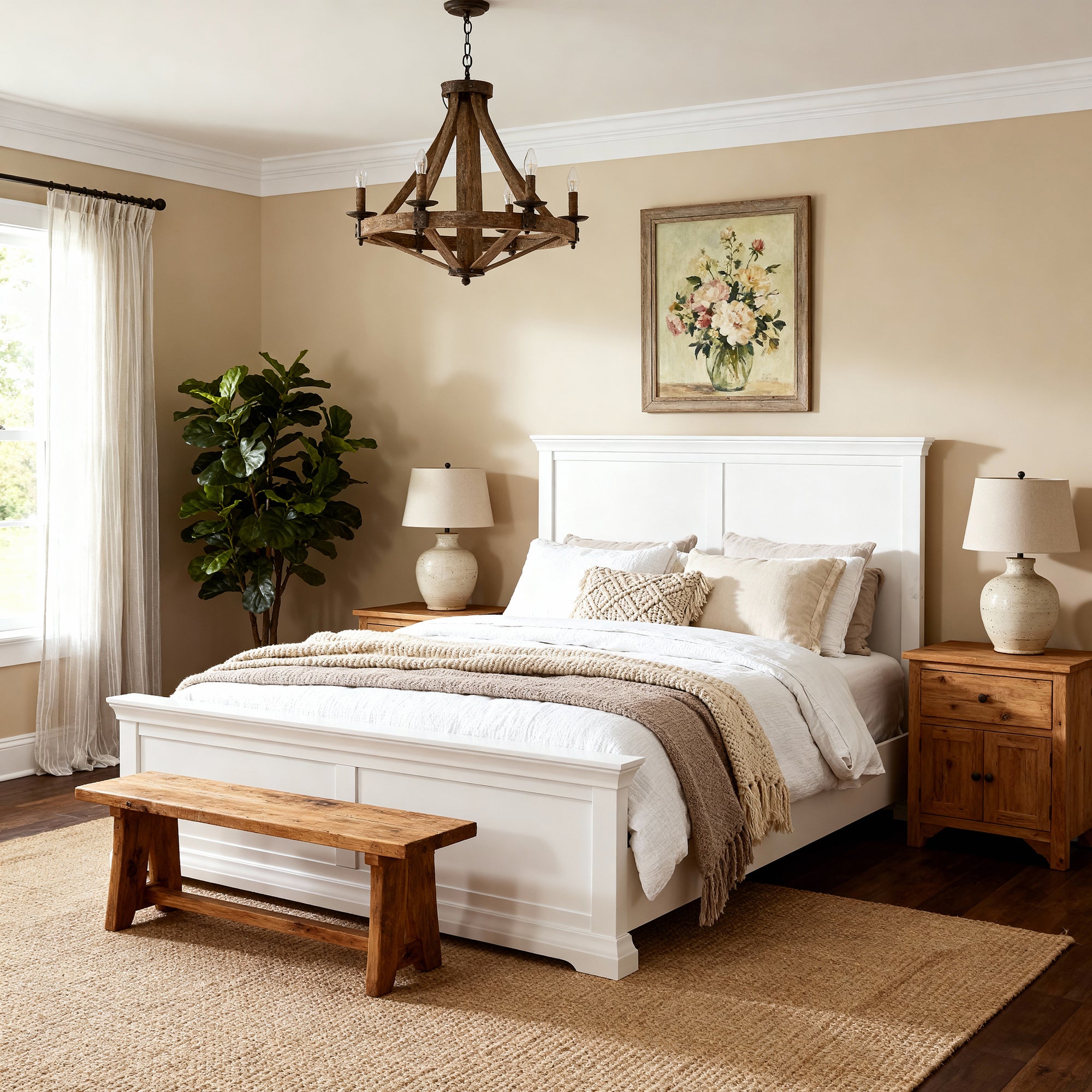 Bedroom with white bed, wooden bench, and decorative elements


