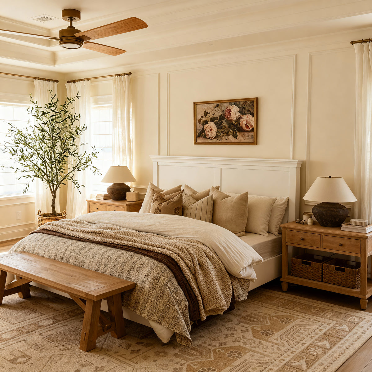 Cozy bedroom with a bed, nightstands, and decorative elements.


