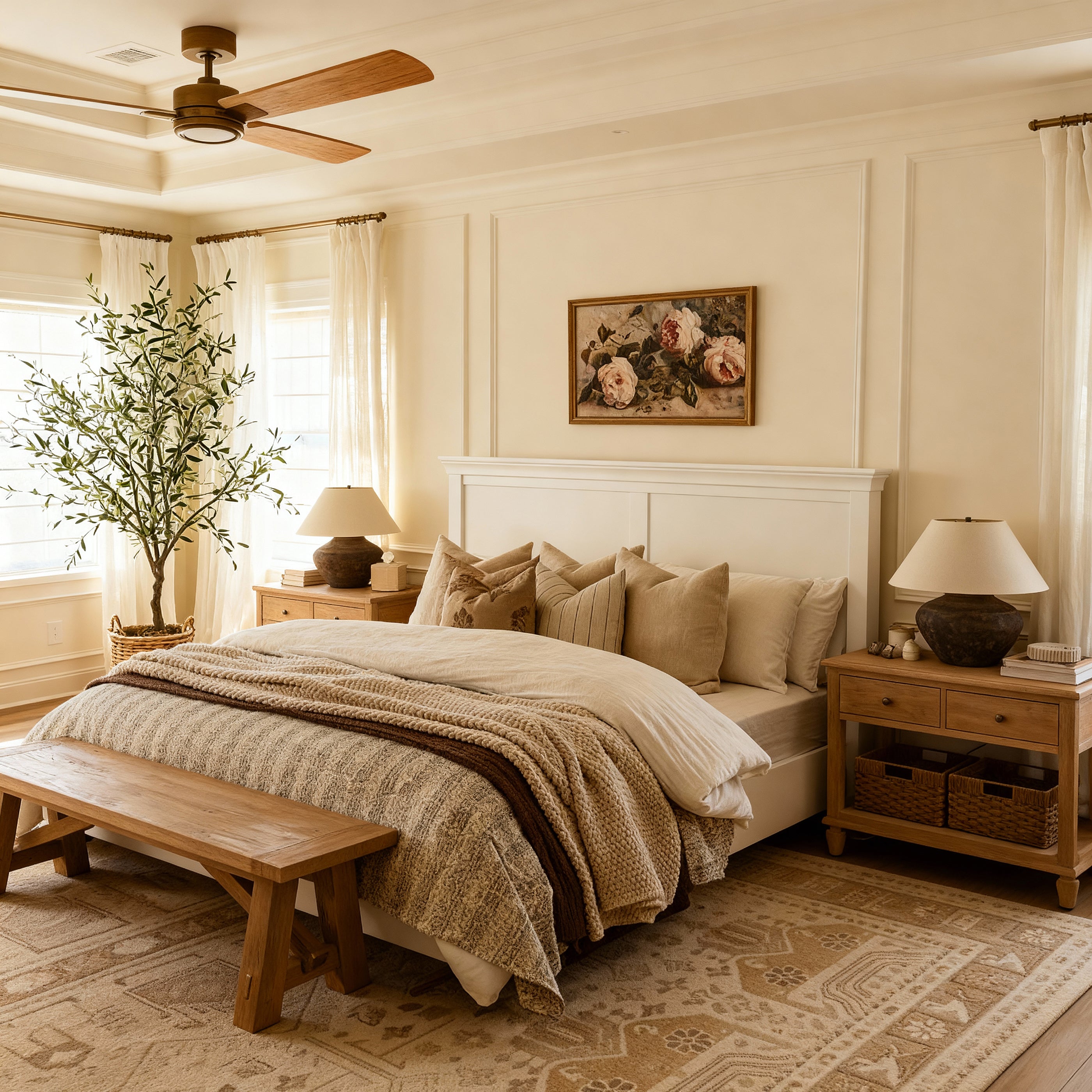Cozy bedroom with a bed, nightstands, and decorative elements.

