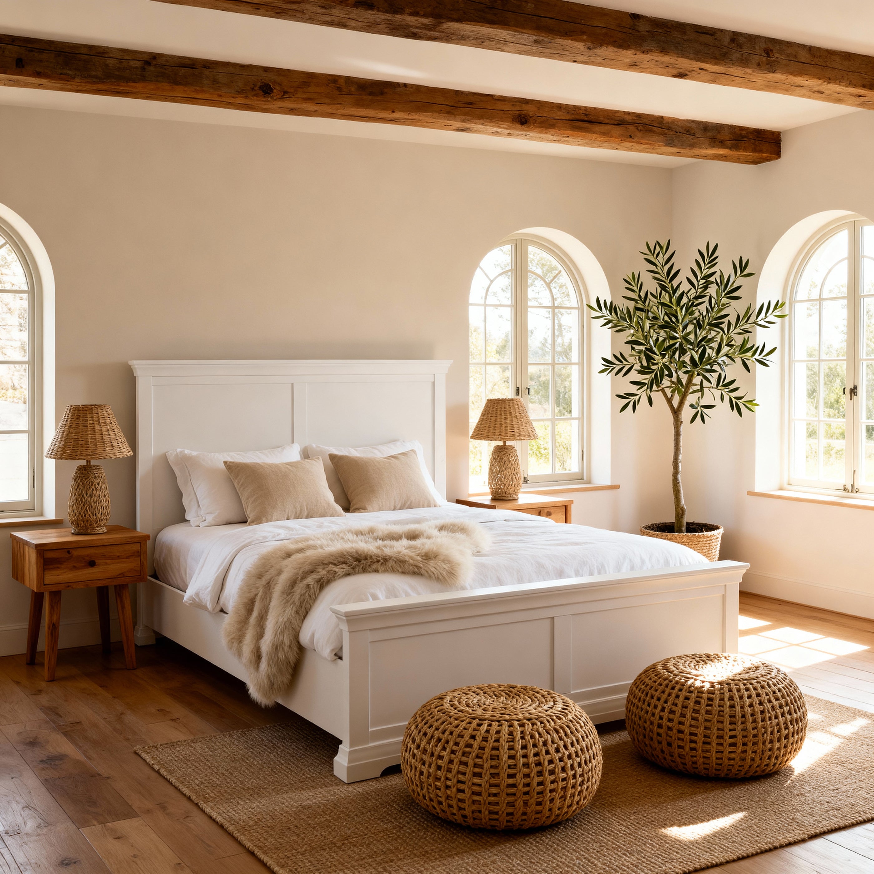 Neatly made bed in a bedroom with wooden floors, lamps, and a plant.

