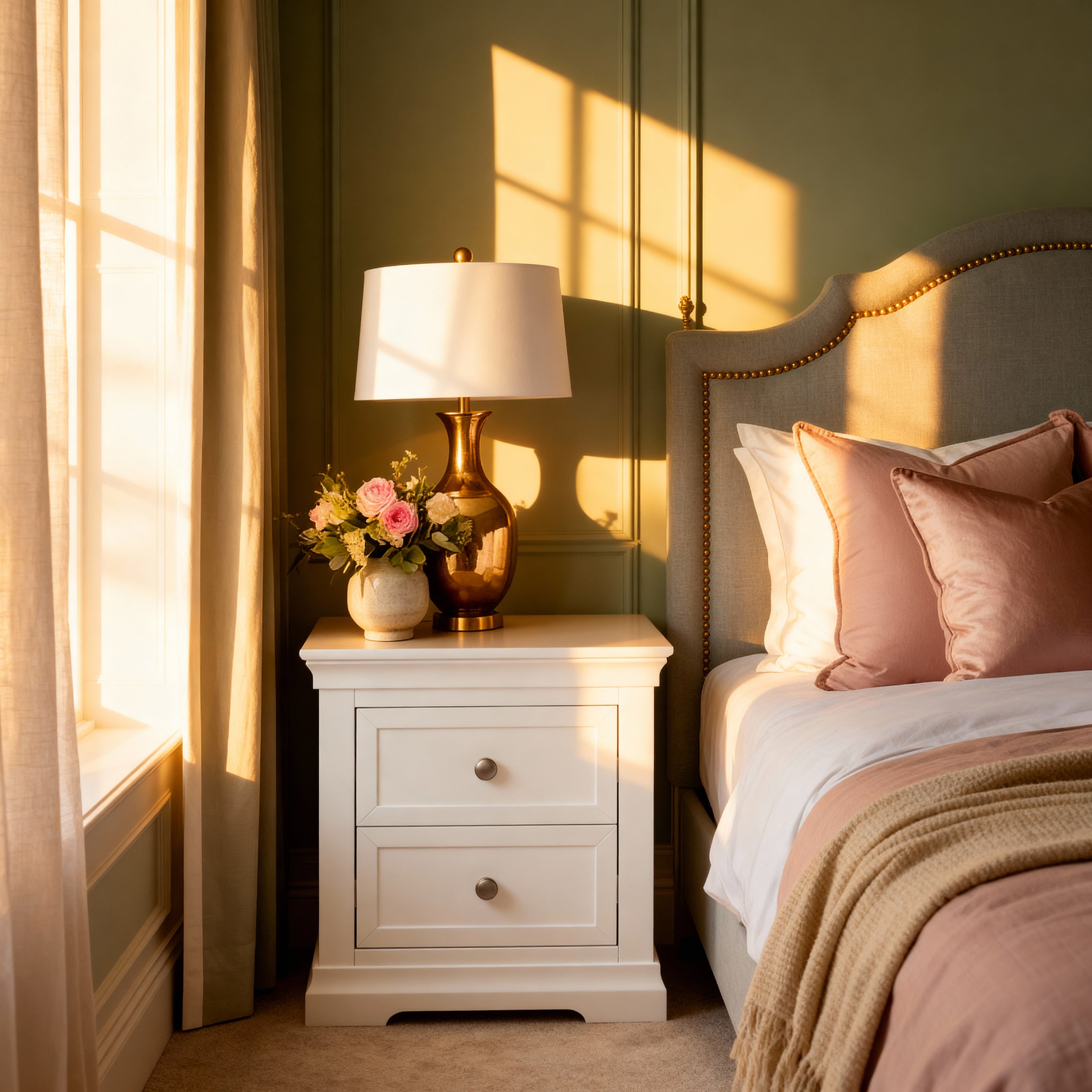 Cozy bedroom with a nightstand, lamp, and bed with pink pillows and blanket.

