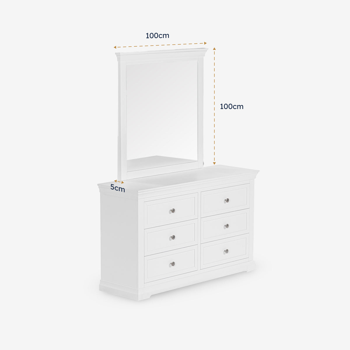 White dresser with mirror and dimensions on a white background


