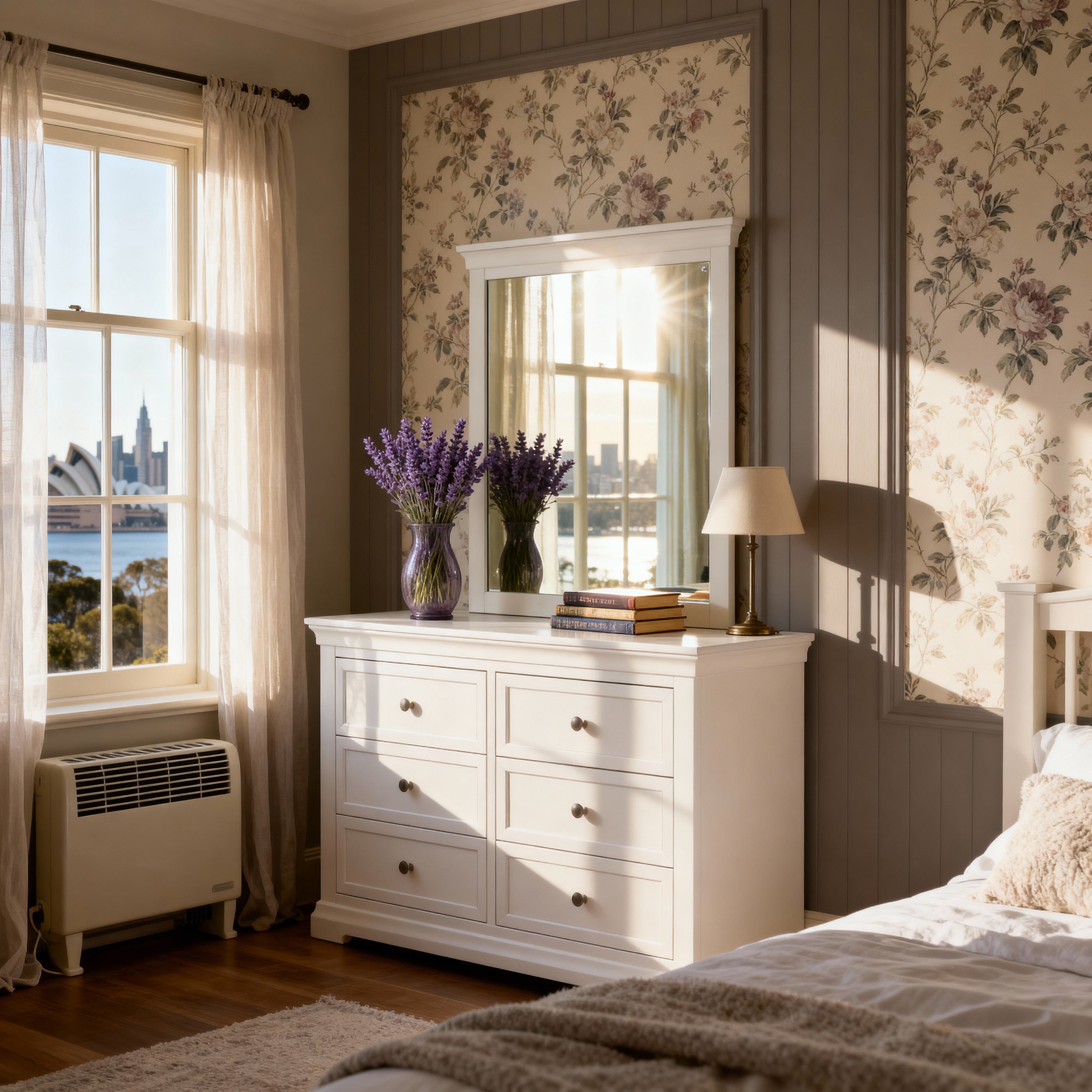 Neatly arranged bedroom with a dresser, mirror, and window view.

