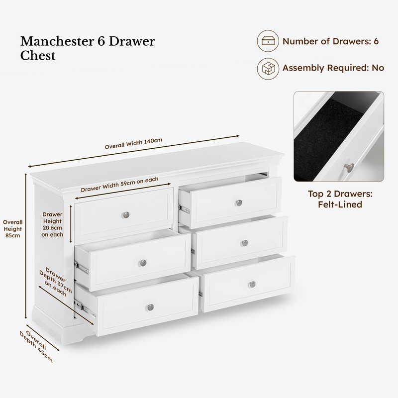 Manchester Pine 6 Drawer Chest dimensions