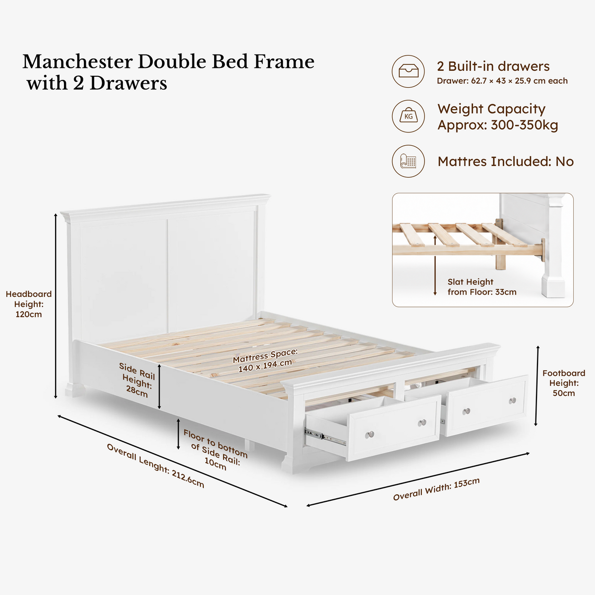 Manchester Pine 3-Piece Storage Bedroom Set – Double Storage Bed & 2 Bedside Tables – White