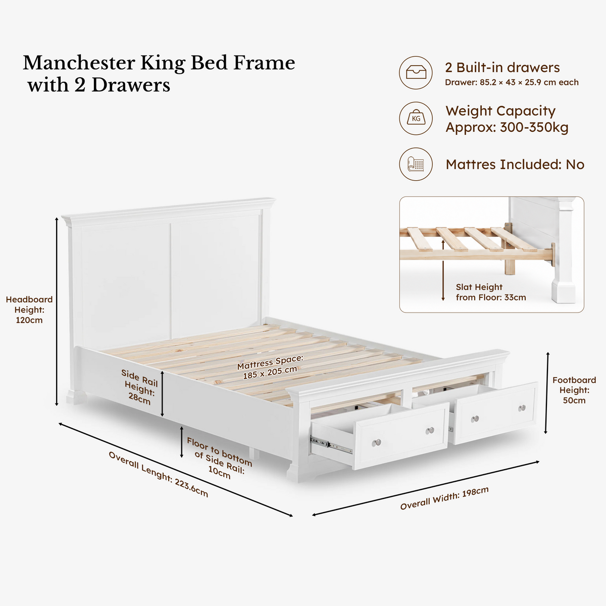 Manchester Pine King Bed Frame with 2 Drawers dimensions