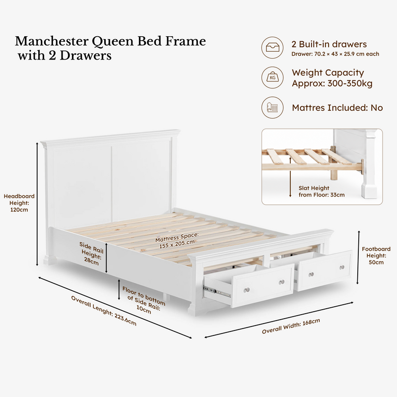 Manchester Pine Queen Bed Frame with 2 Drawers dimensions