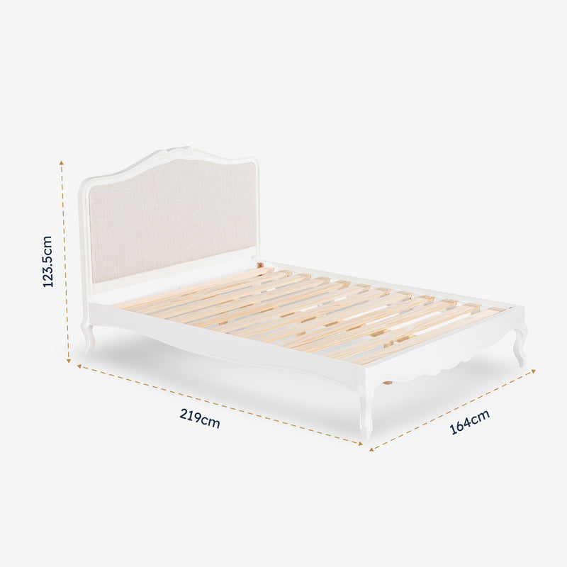 White bed frame with wooden slats and dimensions on a white background

