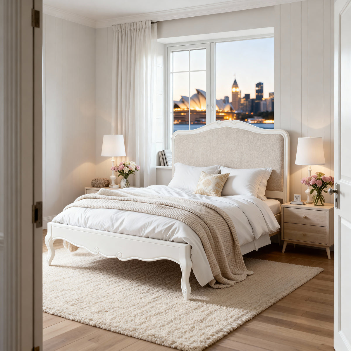 Newcastle Acacia Queen Bed Frame made up in cream linen between two bedside tables, by a window facing the Opera House