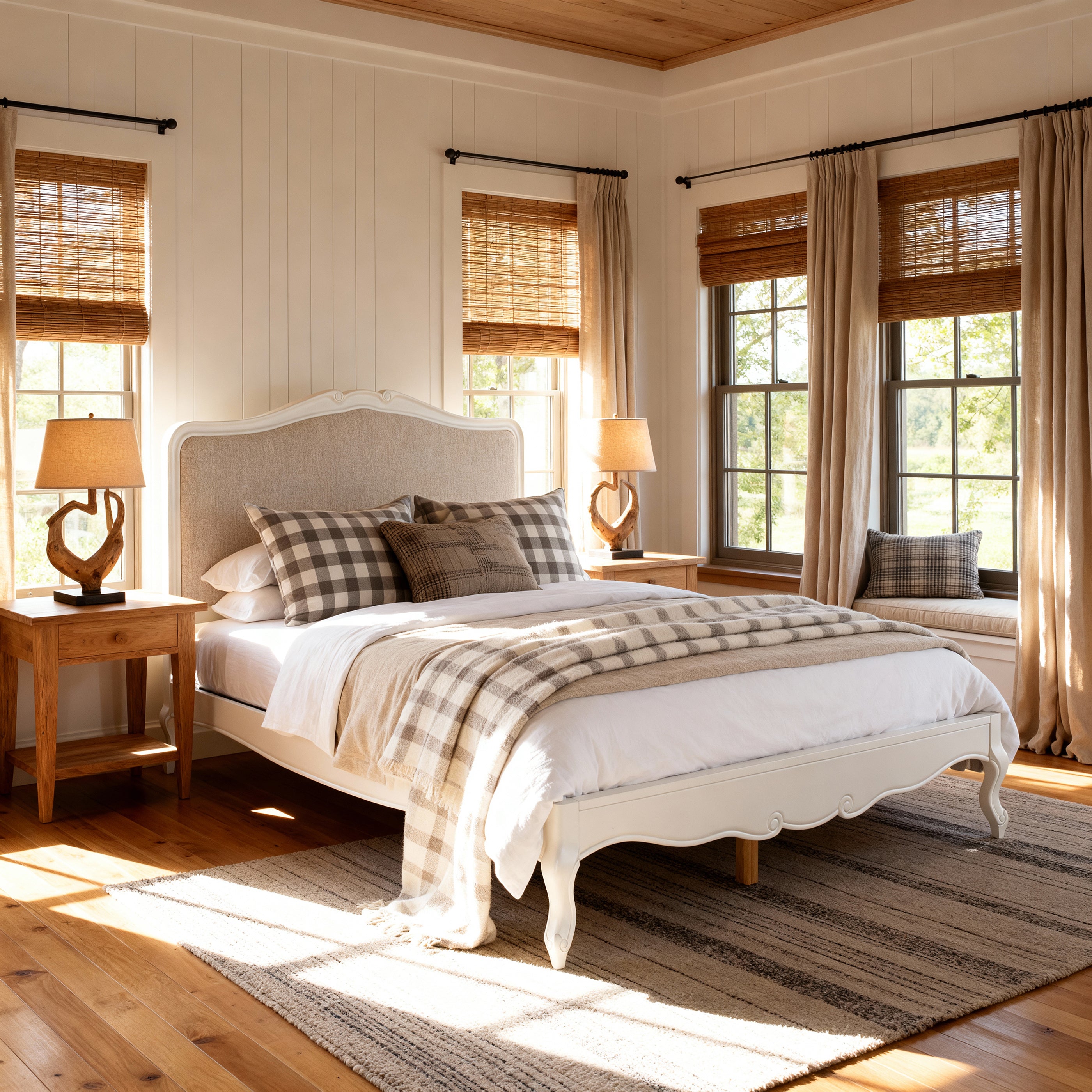 Bedroom with wooden floors, large windows, and a bed with plaid pillows and blanket.