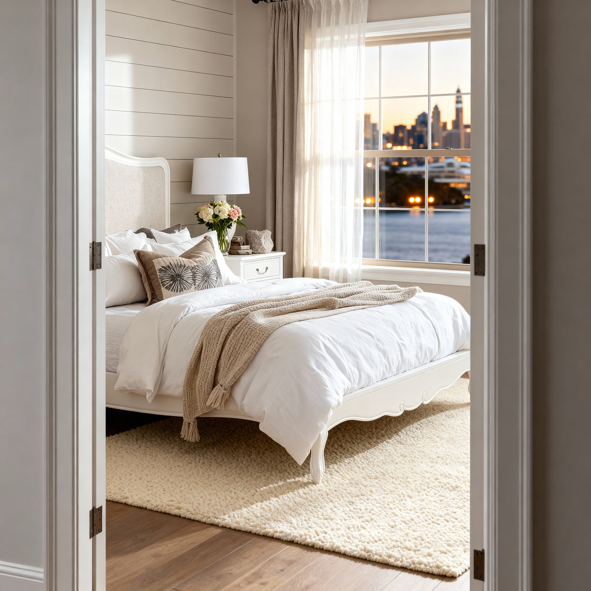 Newcastle Acacia King Bed Frame seen through open double doors, made up in white linen by a harbour window at sunset