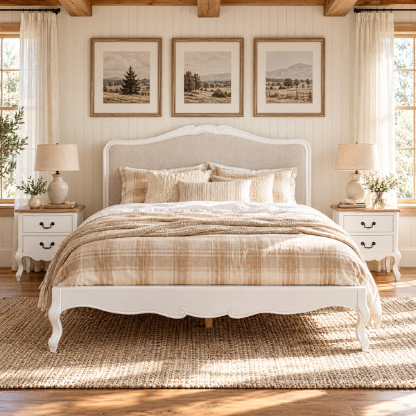 Newcastle Acacia 3-Piece Bedroom Set – Double Bed & 2 Bedside Tables – White & Natural