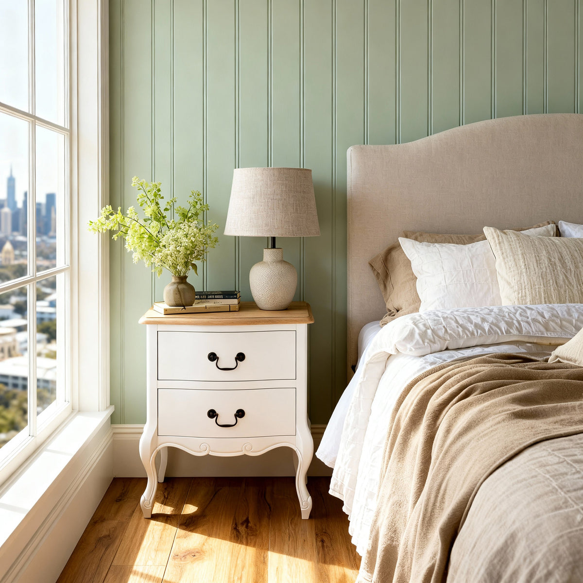 Newcastle Acacia 3-Piece Bedroom Set – Double Bed, Bedside & 6-Drawer Chest – White & Natural — Newcastle Acacia 2 Drawer Bedside Table — lifestyle 2