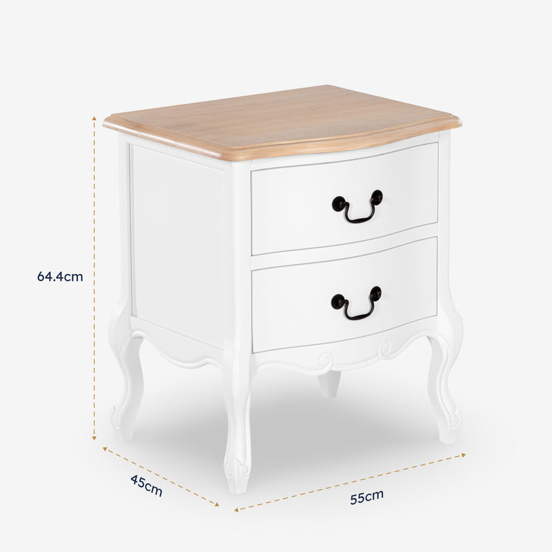 White nightstand with two drawers and a wooden top, shown with dimensions on a white background.

