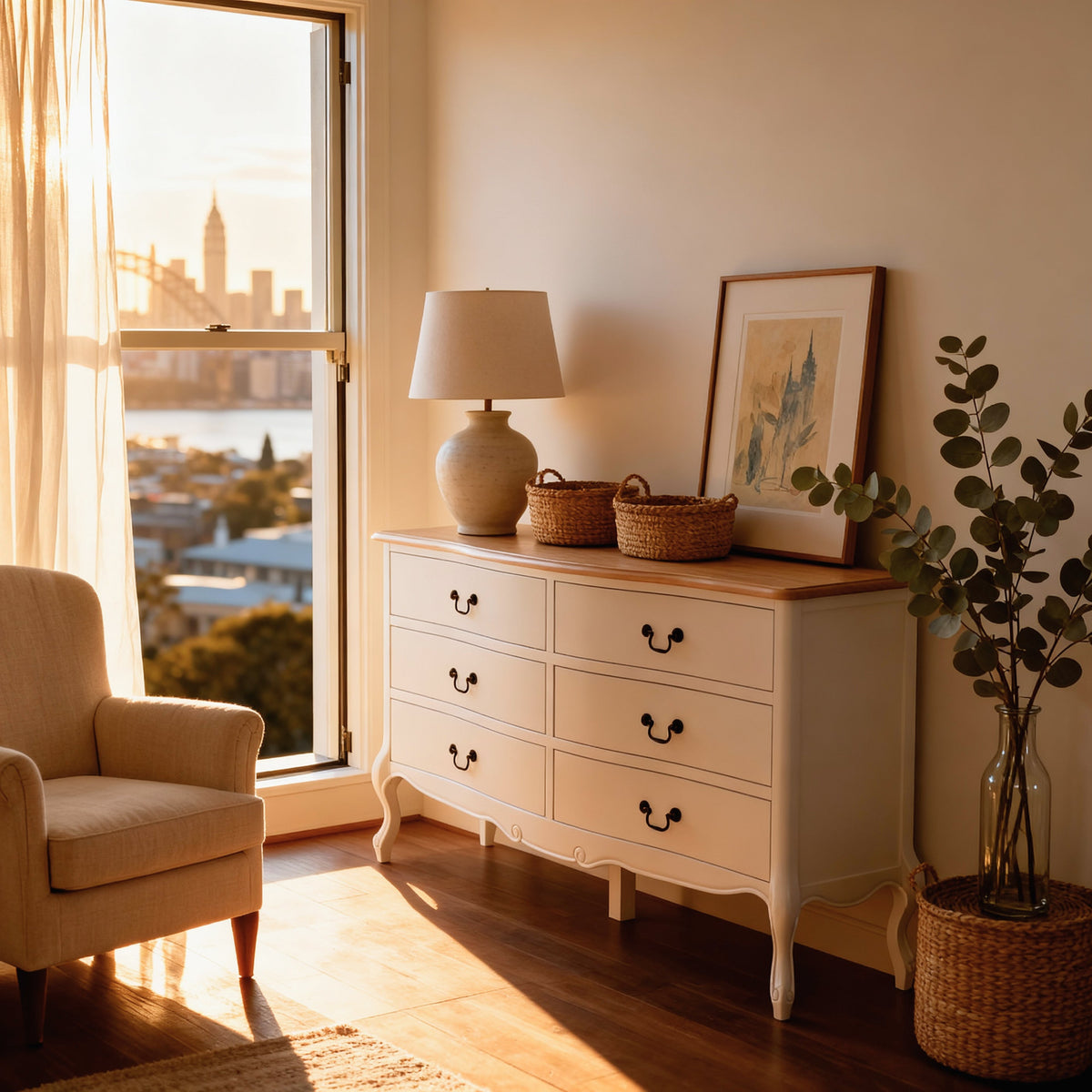 Newcastle Acacia 3-Piece Bedroom Set – Double Bed, Bedside & 6-Drawer Chest – White & Natural — Newcastle Acacia 6 Drawer Chest — lifestyle 2