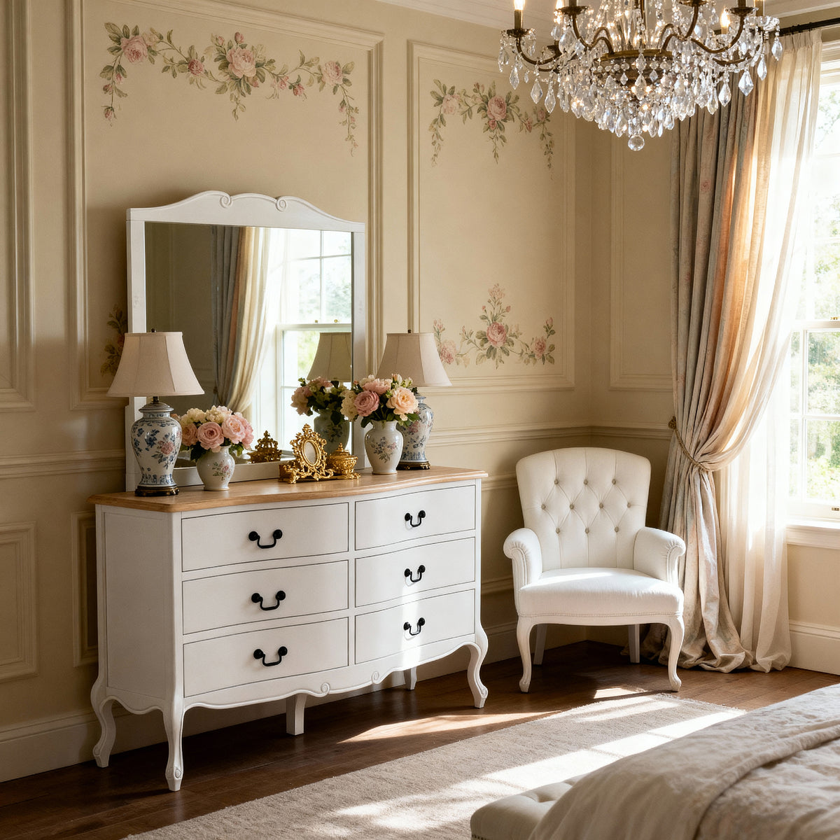 Elegant bedroom with white dresser, mirror, and chair, featuring floral wall decorations and a chandelier.

