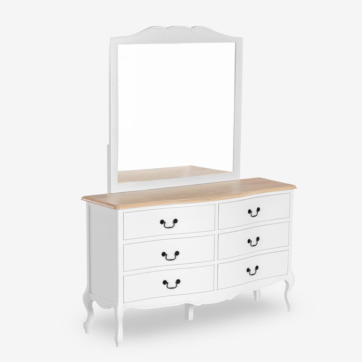 White dresser with wooden top and mirror on a white background

