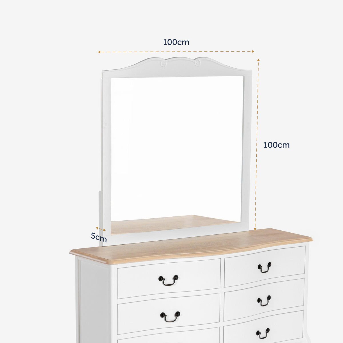 White dresser with mirror and dimensions indicated on a white background

