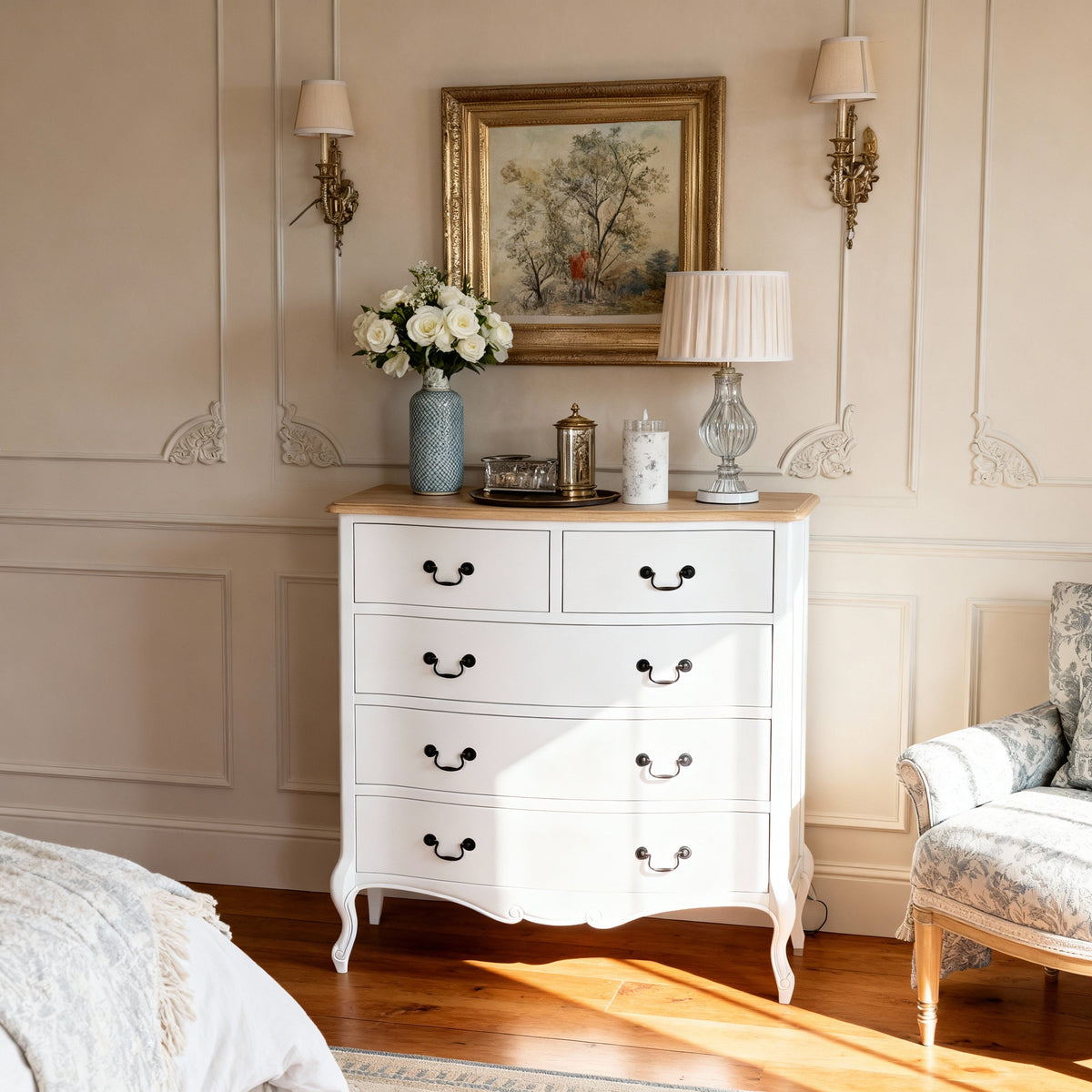 Newcastle Acacia 3-Piece Bedroom Set – Double Bed, Bedside & Tallboy – White & Natural — Newcastle Acacia 5 Drawer Tallboy — lifestyle 2