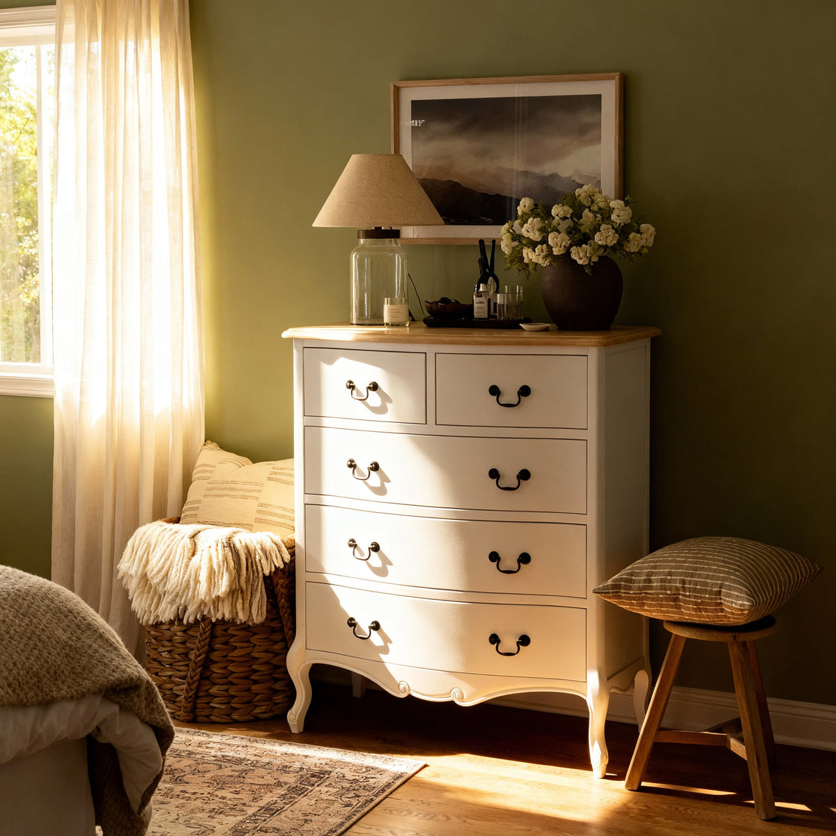 Newcastle Acacia 3-Piece Bedroom Set – Double Bed, Bedside & Tallboy – White & Natural — Newcastle Acacia 5 Drawer Tallboy — lifestyle 1