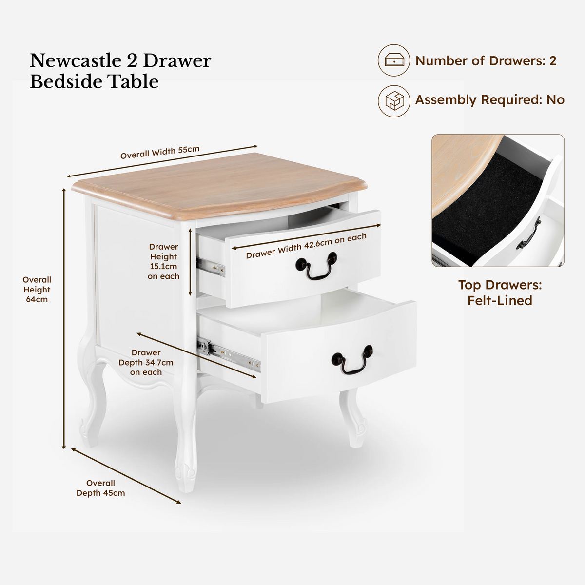 Newcastle Acacia 3-Piece Bedroom Set – Double Bed, Bedside & 6-Drawer Chest – White & Natural — Newcastle Acacia 2 Drawer Bedside Table — dimensions