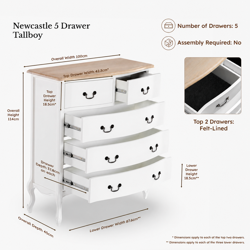 Newcastle Acacia 3-Piece Bedroom Set – Double Bed, Bedside & Tallboy – White & Natural — Newcastle Acacia 5 Drawer Tallboy — dimensions
