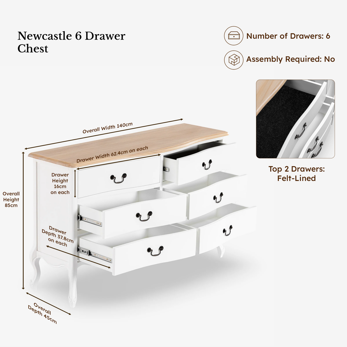 Newcastle Acacia 3-Piece Bedroom Set – Double Bed, Bedside & 6-Drawer Chest – White & Natural — Newcastle Acacia 6 Drawer Chest — dimensions