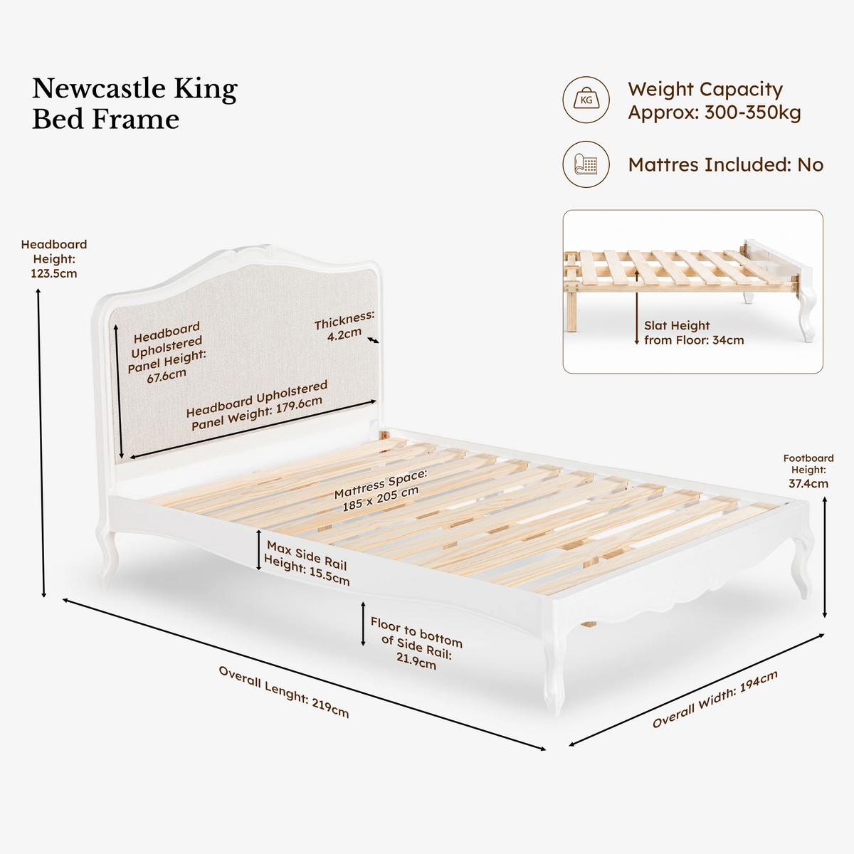 Newcastle Acacia 3-Piece Bedroom Set – King Bed & 2 Bedside Tables – White & Natural — Newcastle Acacia King Bed Frame — dimensions
